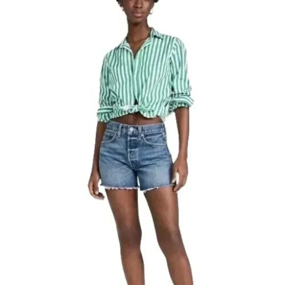 New $280 Frank & Eileen Frank Cotton Button Down Green Striped Collared Size XS - Picture 2 of 10